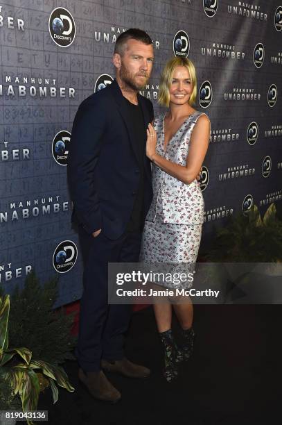 Actor Sam Worthington and Lara Bingle attend the Discovery's "Manhunt: Unabomber" World Premiere at the Appel Room at Jazz at Lincoln Center...