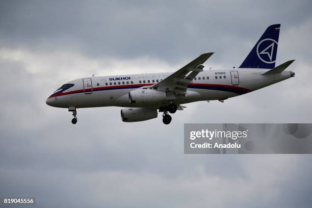 Russian Sukhoi Superjet 100 airplane performs during the MAKS-2017 International Aviation and Space Salon in Zhukovsky, Moscow Region, Russia, on...