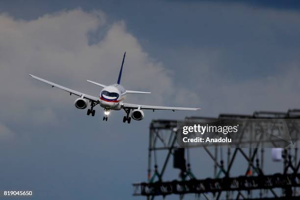 Russian Sukhoi Superjet 100 airplane performs during the MAKS-2017 International Aviation and Space Salon in Zhukovsky, Moscow Region, Russia, on...