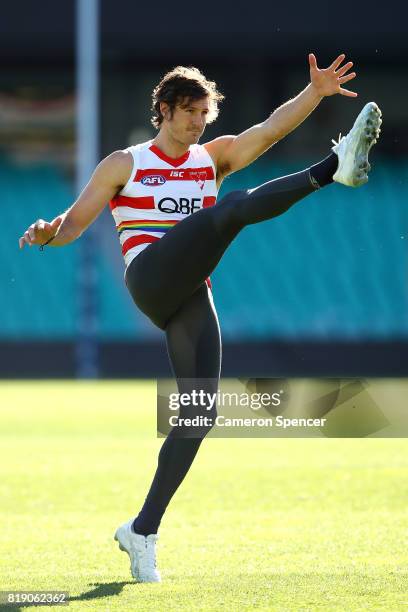 Kurt Tippett kicks the ball during a Sydney Swans AFL training session at Sydney Cricket Ground on July 20, 2017 in Sydney, Australia.