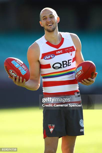 Sam Reid smiles during a Sydney Swans AFL training session at Sydney Cricket Ground on July 20, 2017 in Sydney, Australia.