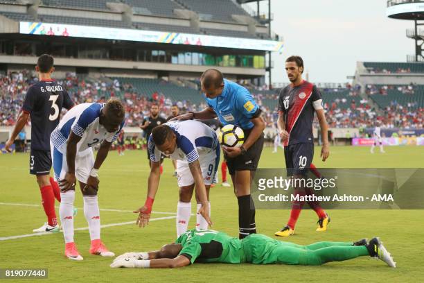 Goalkeeper Patrick Pemberton of Costa Rica lies injured during the 2017 CONCACAF Gold Cup Quarter Final match between Costa Rica and Panama at...