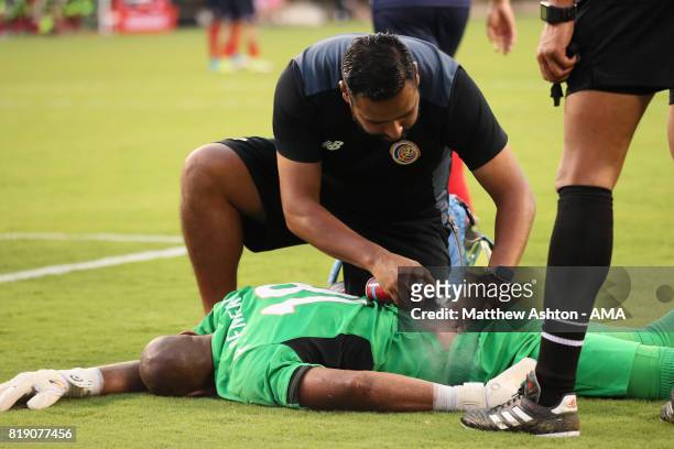 Goalkeeper Patrick Pemberton of Costa Rica lies injured and receives treatment during the 2017 CONCACAF Gold Cup Quarter Final match between Costa...