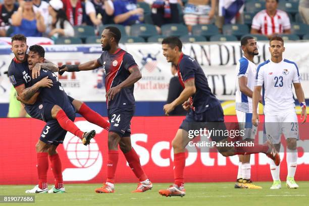 Francisco Calvo and Giancarlo Gonzalez of Costa Rica celebrate an own-goal by Panama in the second half during the 2017 CONCACAF Gold Cup...