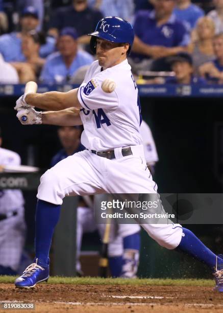 Kansas City Royals center fielder Billy Burns bounces a pitch just in front of home plate in the seventh inning of an AL Central game between the...