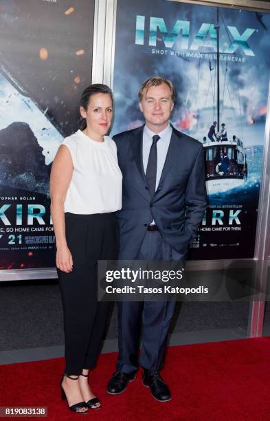 Producer Emma Thomas and Director Christopher Nolan attends the red carpet premiere of "Dunkirk" at the Smithsonian Museum on July 19, 2017 in...