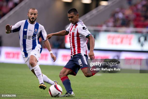 Angel Lopez of Chivas kicks the ball during the friendly match between Chivas and Porto at Chivas Stadium on July 19, 2017 in Zapopan, Mexico.