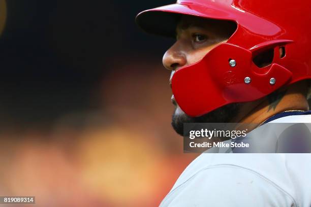 Yadier Molina of the St. Louis Cardinals looks on in the first inning against the New York Mets at Citi Field on July 19, 2017 in the Flushing...