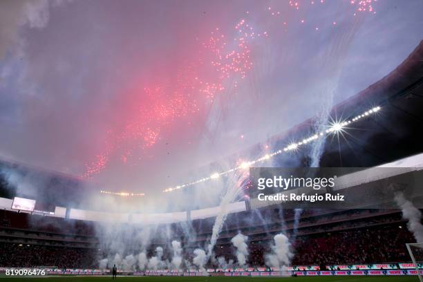 Fireworks are seen inside the Stadium prior the friendly match between Chivas and Porto at Chivas Stadium on July 19, 2017 in Zapopan, Mexico.