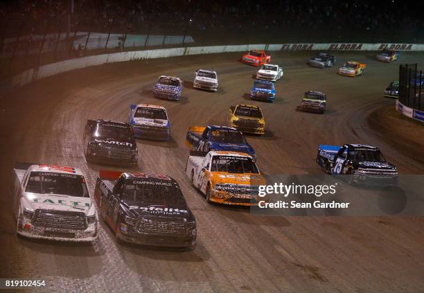 General veiw of racing during the NASCAR Camping World Truck Series 5th Annual Dirt Derby 150 at Eldora Speedway on July 19, 2017 in Rossburg, Ohio.