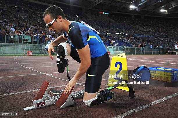 Oscar Pistorius of South Africa prepares to compete in the Mens 400m B Race during the IAAF Golden Gala at the Stadio Olimpico on July 11, 2008 in...