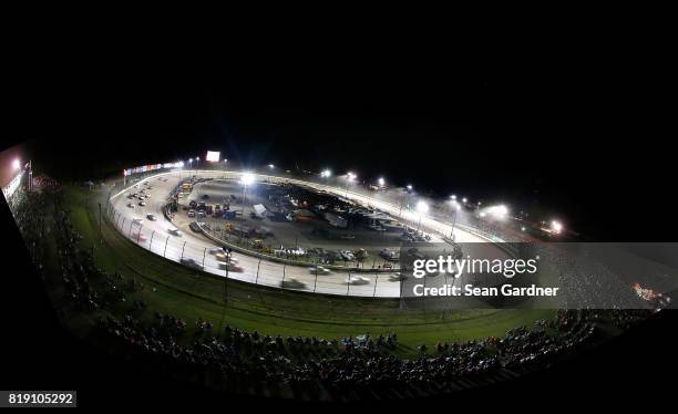 General veiw of racing during the NASCAR Camping World Truck Series 5th Annual Dirt Derby 150 at Eldora Speedway on July 19, 2017 in Rossburg, Ohio.