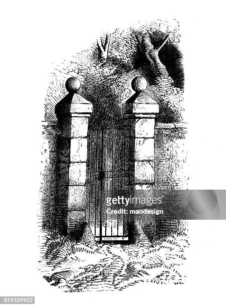 illustration of entrance to the mysterious place - formal garden stock illustrations