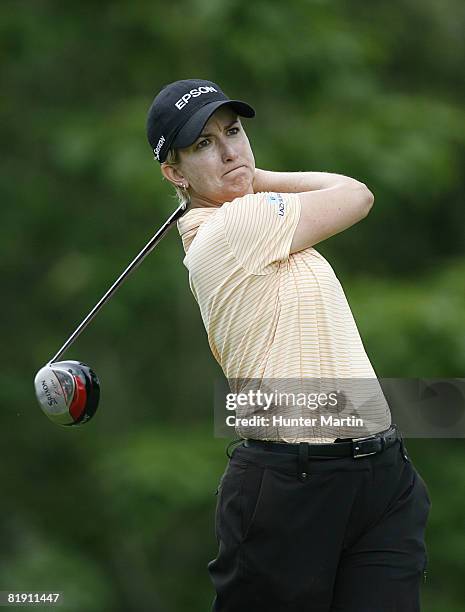 Karrie Webb of Australia hits her tee shot on the 9th hole during the second round of the Jamie Farr Owens Corning Classic at Highland Meadows Golf...