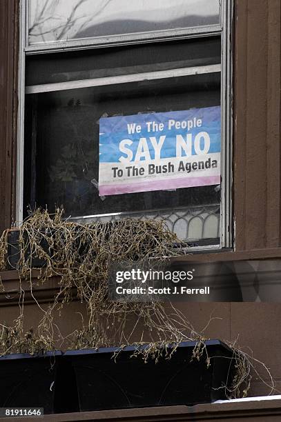 Sign in the window of an apartment on W. 131 Street near Williams Institutional CME Church on Adam Clayton Powell Boulevard in Harlem, where House...
