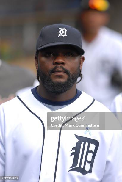 Fernando Rodney of the Detroit Tigers looks on during the Father's Day game against the Los Angeles Dodgers at Comerica Park in Detroit, Michigan on...