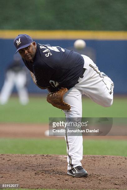 Sabathia of the Milwaukee Brewers delivers the ball against the Colorado Rockies in his first start since being traded by the Cleveland Indians at...