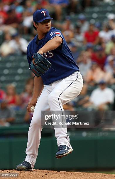 Pitcher Luis Mendoza of the Texas Rangers throws against the Chicago White Sox in the first inning on July 11, 2008 at Rangers Ballpark in Arlington,...