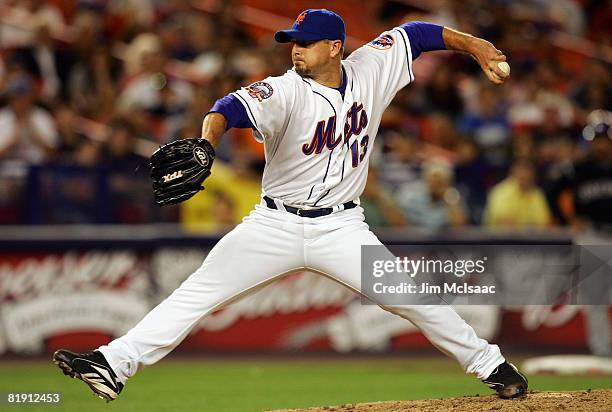 Billy Wagner of the New York Mets pitches in the ninth inning against the Colorado Rockies on July 11, 2008 at Shea Stadium in the Flushing...