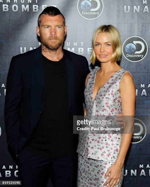 Laura Bingle and Sam Worthington attend Discovery's "Manhunt: Unabomber" World Premiere at Appel Room at Jazz at Lincoln Centers Frederick P. Rose...
