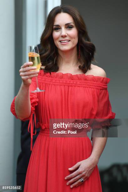 Catherine, Duchess of Cambridge attends takes part in a toast The Queen's Birthday Party at the British Ambassadorial Residenceduring an official...