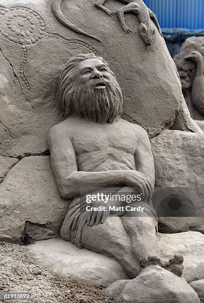 Sand sculptures are displayed at the Sand Sculpture Festival as it opens to the public on July 12 2008 in Weston Super Mare, England. Sand artists...