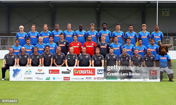 The team of 1899 Hoffenheim pose during the Bundesliga 1st Team Presentation of 1899 Hoffenheim at the Dietmar Hopp Stadium on July 12, 2008 in...