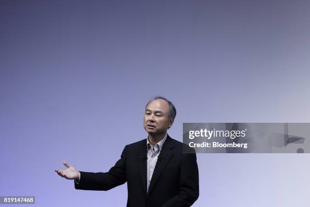 Billionaire Masayoshi Son, chairman and chief executive officer of SoftBank Group Corp., speaks at SoftBank World 2017 event in Tokyo, Japan, on...