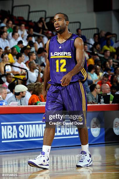Joe Crawford of the Los Angeles Lakers walks across the court during the game against the Detroit Pistons during NBA Summer League presented by EA...