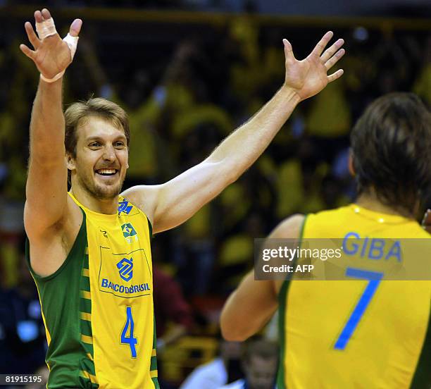 Brazil's Andre Heller celebrates their victory over France in their Volleyball World League fifth round match in Belo Horizonte, Brazil on July 12,...