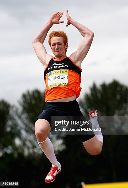 Greg Rutherford of Great Britain jumps during the Long Jump final during the Aviva National Championships & Olympic Trials at Alexander Stadium on...