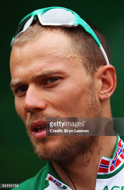 Thor Hushovd of Norway and Credit Agricole waits for the start of stage eight of the 2008 Tour de France from Figeac to Toulouse on July 12, 2008 in...