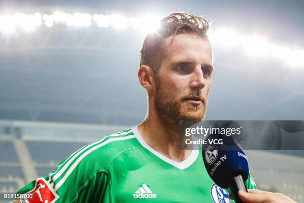 Goalkeeper Ralf Faehrmann of FC Schalke 04 speaks to the media after the 2017 International soccer match between Schalke 04 and Besiktas at Zhuhai...