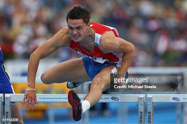 Konstantin Shabanov of Russia on his way to winning the men's 110m hurdles semi-final during day five of the 12th IAAF World Junior Championships at...