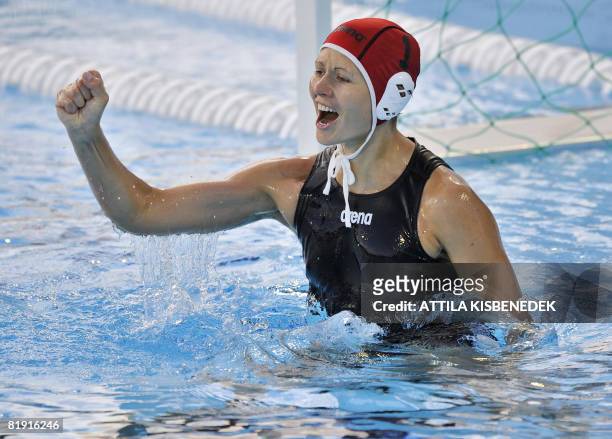 Hungary's goalkeeper Patricia Horvath celebrates their victory and third place against Italy in the aquatic center swimming pool of Spanish seaside...