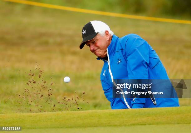 Sandy Lyle of Scotland plays from a bunker on the 4th hole during the first round of the 146th Open Championship at Royal Birkdale on July 20, 2017...