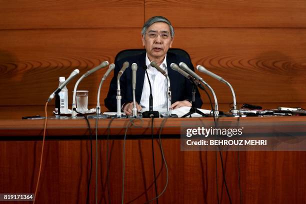 Bank of Japan Governor Haruhiko Kuroda speaks during a press conference in Tokyo on July 20, 2017. The Bank of Japan early on July 20 slashed its...