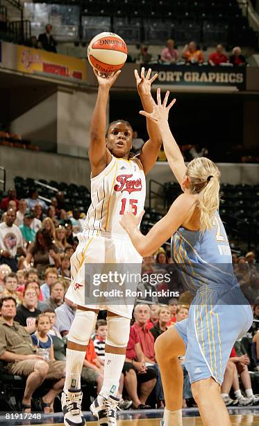 Tan White of the Indiana Fever shoots over Brooke Wyckoff of the Chicago Sky at Conseco Fieldhouse on July 12, 2008 in Indianapolis, Indiana. NOTE TO...
