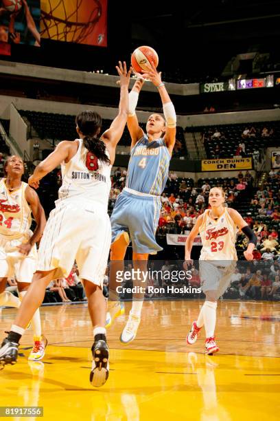 Candice Dupree of the Chicago Sky shoots over Tammy Sutton-Brown of the Indiana Fever at Conseco Fieldhouse on July 12, 2008 in Indianapolis,...