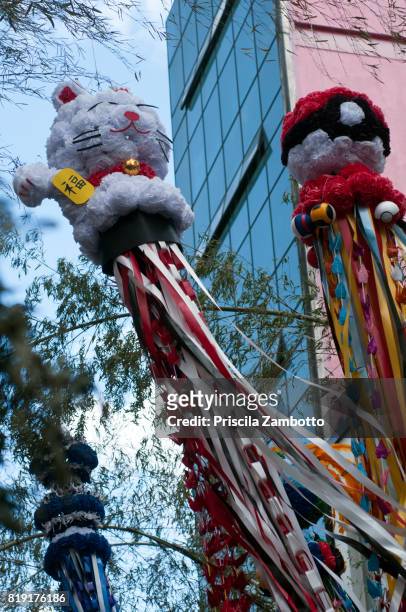 low angle view of tanabata matsuri (star festival) decorations - the tanabata matsuri in sao paulo stock pictures, royalty-free photos & images
