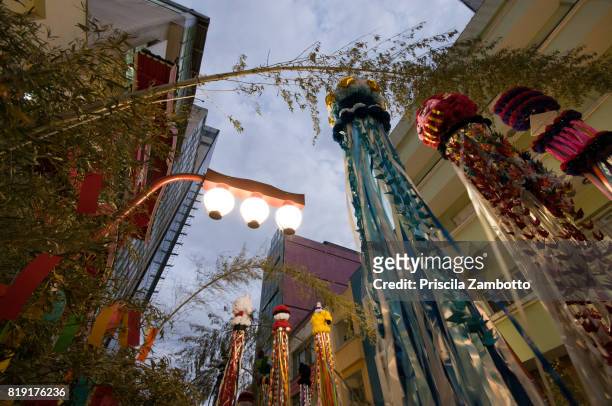 low angle view of tanabata matsuri (star festival) decorations - the tanabata matsuri in sao paulo stock-fotos und bilder