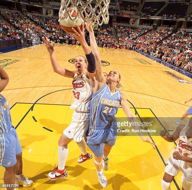 Katie Douglas of the Indiana Fever battles Brooke Wyckoff of the Chicago Sky at Conseco Fieldhouse on July 12, 2008 in Indianapolis, Indiana. NOTE TO...