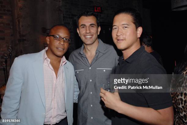 Chris Hopkins, Ramin Bastani, Ross Walker attend The Supper Club & Shepard Fairey's SNO host a Bombay Sapphire Tea Party at The Tea Room on July 20,...