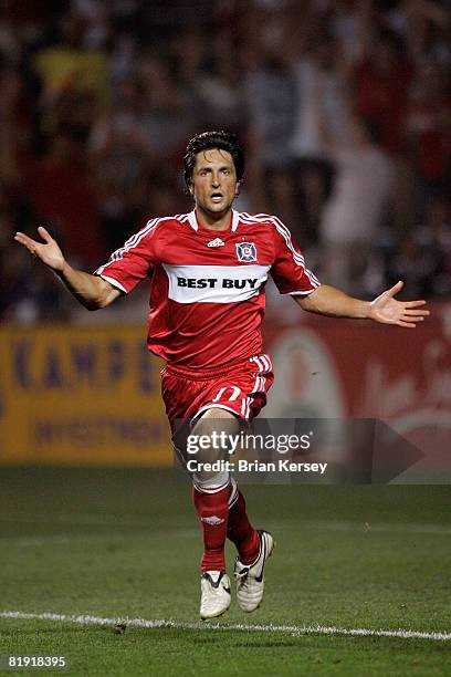 John Thorrington of the Chicago Fire celebrates his second half goal against Toronto FC at Toyota Park on July 12, 2008 in Bridgeview, Illinois. The...