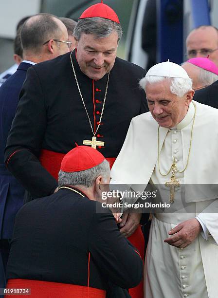 His Holiness Pope Benedict XVI is introduced to members of Australia Catholic Church by The Archbishop of Sydney, Cardinal George Pell following his...