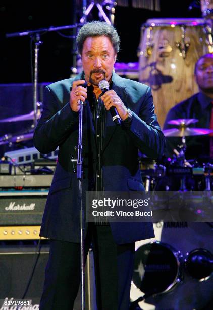 Singer Tom Jones performs at the Grammy Foundation's "Starry Night" Gala honoring Sir George Martin on July 12, 2008 in Los Angeles, California.