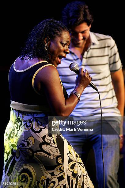 Sharon Jones dances with a member of the audience while performing with her band The Dap-Kings live on day two of the North Sea Jazz Festival at Ahoy...