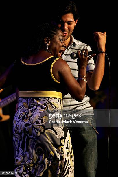 Sharon Jones dances with a member of the audience while performing with her band The Dap-Kings live on day two of the North Sea Jazz Festival at Ahoy...
