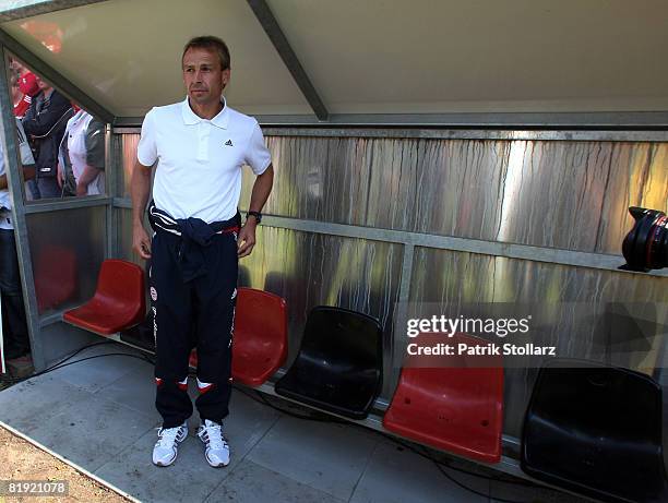 Juergen Klinsmann of Munich stands in front of the bench prior to a friendly match between SV Lippstadt 08 and FC Bayern Munich at the 'Am...