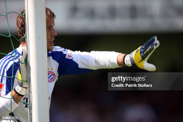 Michael Rensing of Munich gestures during to a friendly match between SV Lippstadt 08 and FC Bayern Munich at the 'Am Waldschloesschen' stadium on...